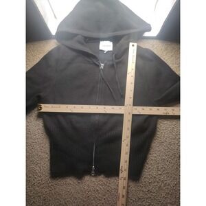 Pink Rose Black Knit Zip Up Hoodie Cropped Sweater Womens Size L